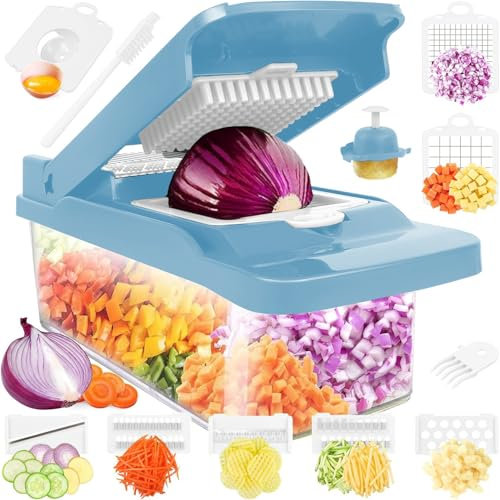 Vegetable Chopper,Food Chopper,Pro 12 in1 Multifunctional Onion Chopper,Veggie Chopper,Vegetable Chopper With Container,Vegetable Slicer Dicer Cutter,Mandoline Slicer,Salad,Garlic Chopper (Blue)
