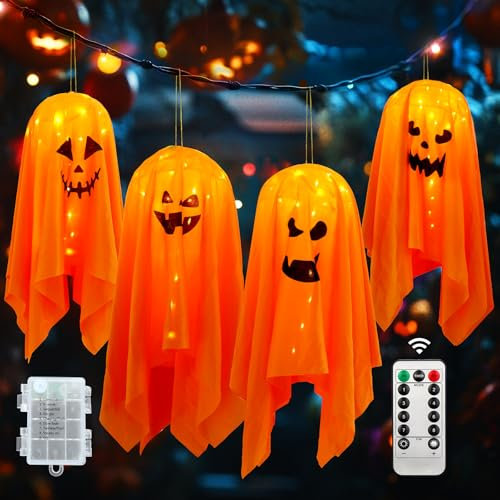 FHzytg 4 Stück Leuchtende Halloween Geister - Hängende Windsäcke Mit Geistergesicht für Indoor Outdoor Deko an Vorgarten, Baum, Terrasse und Tür