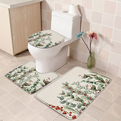 Badteppich-Set 3-Teilig Weihnachten Eukalyptus Bauernhof Beere Winter Botanisch Retro Leinen Badezimmer Vorleger 3-Teiliges Wc Vorleger Set 3 Teilig Waschbar Badezimmer-Garnitur