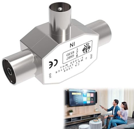 Digital TV Aerial Coax Splitter - Male to Two Female Connector, Metal Housing for Signal Distribution