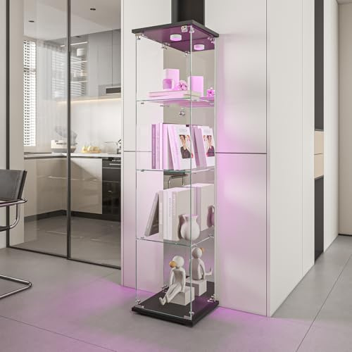 Glasvitrine Standvitrine, Schrank für Sammlung mit LED, mit 1 Tür 4 Einlegeböden transparent Möbel Vitrine Glas Vitrine Figur Glasvitrine Wohnzimmer Bar (4 Etagen, 1 Tür + LED Spiegeleffekt, schwarz)
