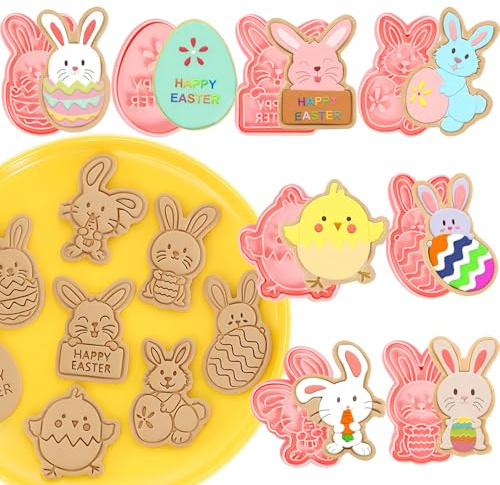 8 Pcs Easter Cookie Cutter Set, 3D Plastic Easter Eggs Bunny Cookie Cutters Rabbit Cookie Stamp for Easters Eggs Molds Biscuit Molds for Easters Baking DIY(8 pcs)