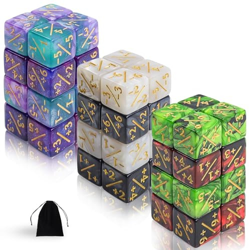 MTG Würfel Zähler, Magic Würfel 48 Stück, Acryl -1/+1 AbilityKeyword Zähler | Dice D6 Würfelzähler Token Dice mit MTG, CCG, Kartenspiel Zubehör, mit Aufbewahrungsbeuteln