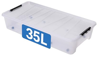 Ondis24 Unterbettbox Jolly mit Deckel und Rollen, Rollbox 35 L, Spielzeugkiste, Kiste stapelbar, Aufbewahrungsbox transparent (1)