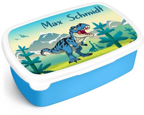 GRAVURZEILE Bedruckte Lunchbox - T-Rex - Personalisiert mit Namen - Brotdose für Kinder - Individuell bedruckt mit Wunschmotiv - Platzsparend stapelbar - Perfekt für Schule & Kita - Farbe: Blau