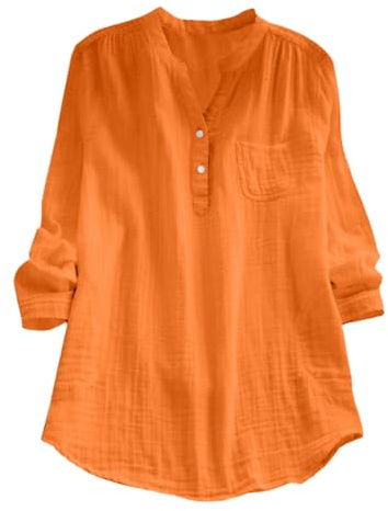 Musselin Bluse Damen Baumwolle Leinen Shirt V Ausschnitt Longbluse Oversize Langarm Leinenbluse Sommer Oberteile Tunika Große Größen Leinenshirt Leicht Und Luftig
