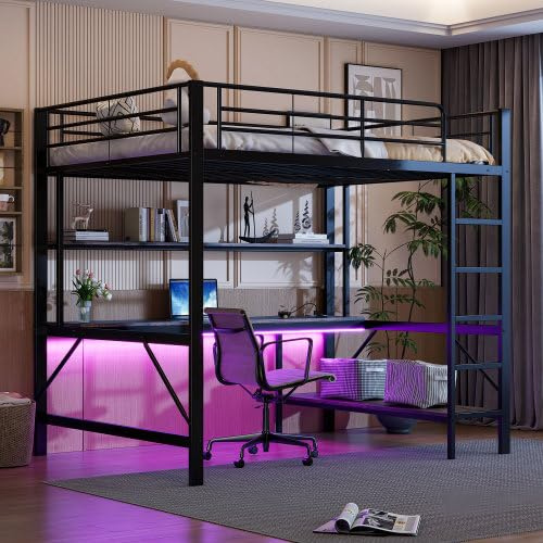 Zepneiy Lit Mezzanine 2 Place avec LED et USB, lit Mezzanine avec Bureau et Plusieurs étagères,Lit Superposé Enfant 140x200 avec échelle et Balustrade, Noir (sans Matelas)