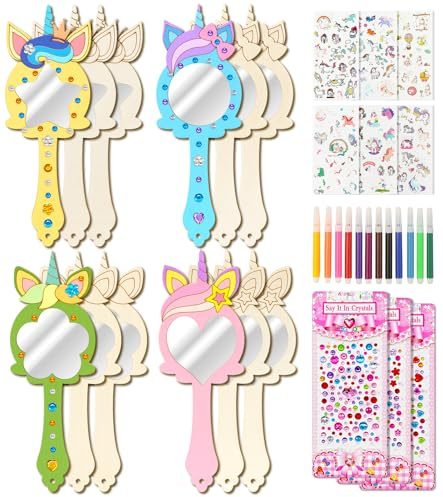 12 Stück Einhorn Holzspiegel Basteln Kindergeburtstag DIY Handwerk, Mini Handspiegel aus Holz zum Bemalen Kinder, Unvollendete Kinderspiegel Prinzessin Bastelset Mädchen Party Geschenk Mitgebsel