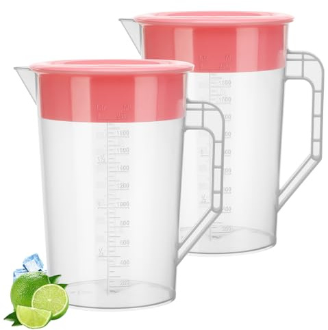 2 Pack Juice Jug with Lid,2L Water Jug iced Tea Pitcher | Beverage Juice Container Fridge Jugs for Milk Juice Iced Tea Lemonade Fridge Drink Container (Pink Lid)