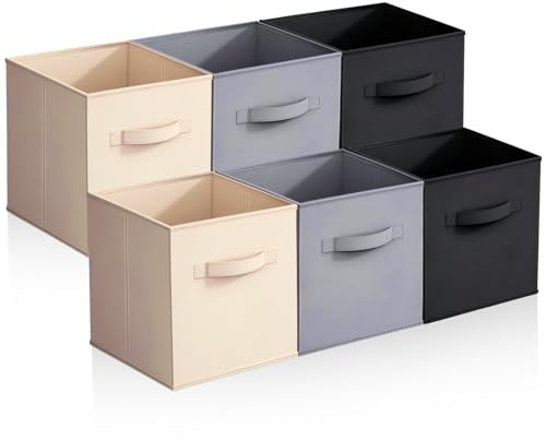 Fabric Storage Cubes 6Pcs Foldable Organiser Boxes Collapsible Storage Bins | 28x28x28cm with Handles Easy-Assembly Storage Baskets for Shelves Wardrobe Clothes & Bedroom Organisation (Neutral)