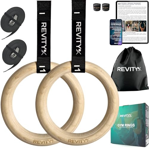 REVITY Anillas Gimnasia de Madera - Anillas Calistenia 32 mm para Crossfit, Musculación y Fitness, Correas 450 x 3,8 cm con Marcas de Medida, Carga Máxima 250 kg, Cintas de Agarre para Aros, Guía PDF