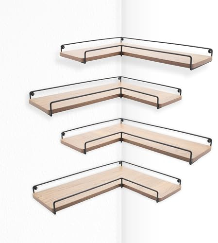 Kyto Eckregal 4er-Set L-förmige Wandboards aus Holz & schwarzem Metall - Hängeregale für Ecken (Links/rechts), platzsparende Ecklösung für Bücher, Pflanzen & Deko