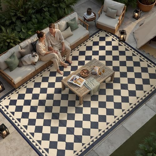 PureCozy Tappeto da Esterno Antipioggia 180x270cm, Impermeabili Eeversibili Lavabili, Antiscivolo, Anti-UV, Tappeto per Terrazze,Giardini,Camper,Picnic,Balcone,Nero & Beige