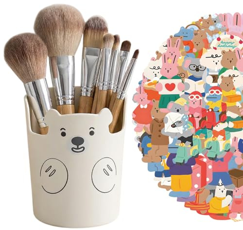 1 pot à crayons en forme d'ours avec 100 autocollants, porte-stylos pour bureau, boîte à stylos, porte-pinceaux de maquillage, mini panier de rangement pour pinceaux de cosmétiques, récipient de table