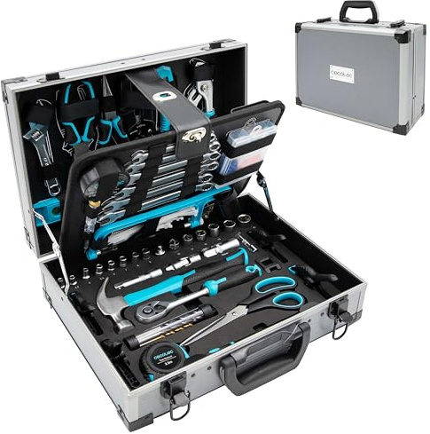Cecotec Caja Herramientas 380 Piezas ToolBox 8000 Pro. Maletín de Aluminio Premium, Vasos CR-V, Puntas S2 Resistentes, Llaves de Carraca y Llaves Fijas, Ideal Carpintería, Fontanería, Electricidad