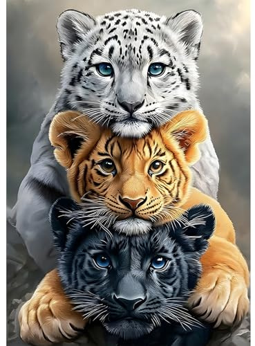 NEWENMO Tres Tigres Diamond Painting Adultos,DIY Animales Pintura de Diamante Set,5D Diamond Art Kit Completo,Bricolaje Dibujo de Diamantes,para Principiantes Hogar Decoración 30x40cm