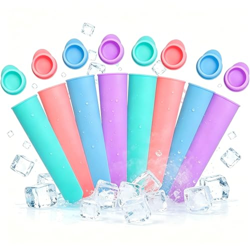 8 Stück Eisformen Silikon, Grün Gelb Blau und Rosa, Wiederverwendbare Eis Am Stiel Formen, Ideal für Die Herstellung Von Hausgemachtem Eis Im Sommer