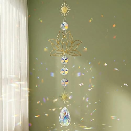 LEOUEANR Carillón de viento de cristal de flor de loto, atrapasueños colgante con prisma de cristal, elegante decoración de ventana de latón y vidrio para el hogar, la oficina y el coche, atrapador de