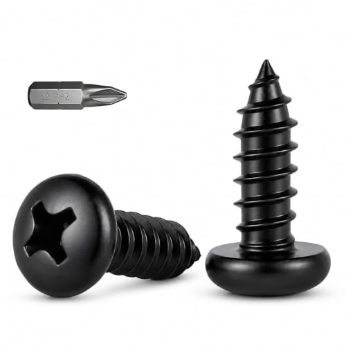 Wavana 100Pcs M4 x 16mm Black Self Tapping Screws, Pan Head Wood Screws | 304 Stainless Steel, Phillips Drive, Small Screw for Wood, Plastic, Furniture, and DIY Repair, with Bit