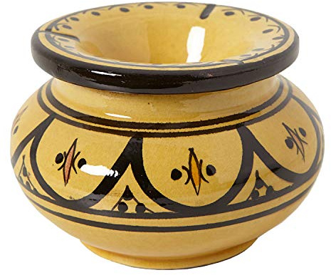 Marokkanischer Keramik Aschenbecher Gelb mit Deckel Ø 12cm Windaschenbecher handbemalt & handgetöpfert Kunsthandwerk aus Marrakesch KE5002