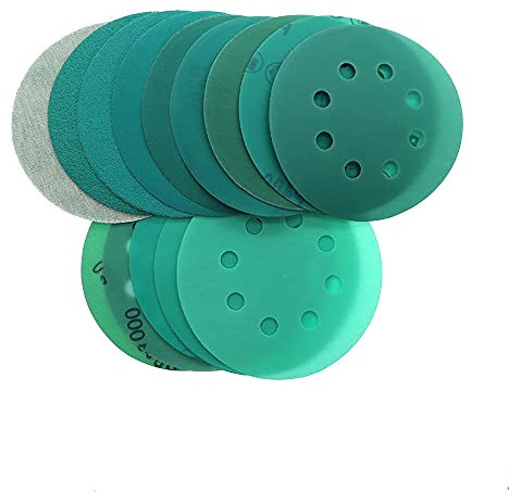 10PCS Polyester Film Sandpaper 5 Inch 125mm 8-Hole Wet/Dry Hook & Loop Flocking Green Sanding Discs Paint, 60#-2000#,80