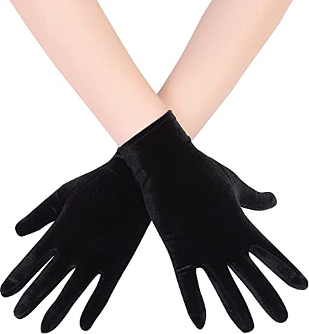 EORUBE Short Opera Velvet Gloves for Women - 1920s Flapper Stretchy Wrist Length Banquet & Tea Party Halloween Costume Gloves (Black)