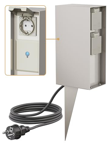 ledscom.de Garten-Steckdosensäule POMI mit Erdspieß und 2m Kabel für außen, IP44, Smart Home, WLAN, Alexa, 3-Fach, Edelstahl, eckig, 23cm