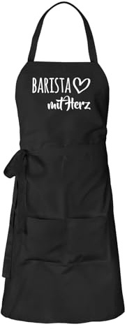 Huuraa Schürze Barista mit Herz Geschenk | Latzschürze Baumwolle Kochschürze mit Motiv Geschenkidee verstellbare Grillschürze mit langen Bändern