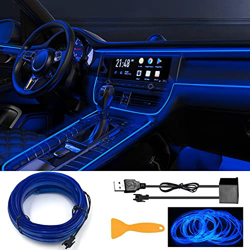 EL Wire USB Neon Interior Light Strip - 197 Inch 6mm Sewing Edge Glowing Wire for Car Ambient Lighting Kit - 5M/16.5ft LED Decoration (Blue)