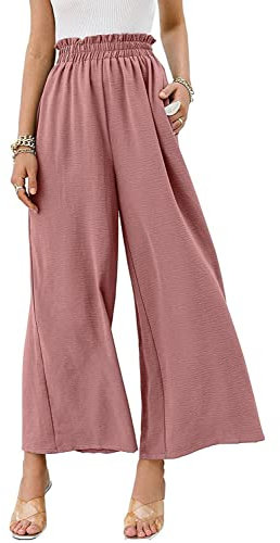 ORANDESIGNE Damen Einfarbig Locker Hose Boho Lang Weites Bein Hose High Waist Hosen Rüschen Bindegürtel Lässige Sommerhose Gummibund Freizeithose mit Taschen A Rosa M