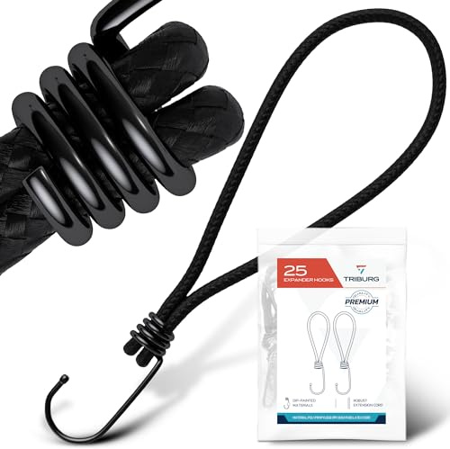 TRIBURG Expander med krok [25 delar / 18 cm] | Högpresterande spänngummi med krok | Universal gummispännare med krok för utomhusbruk, hushåll eller lastsäkring | Presenningsspännare med krok