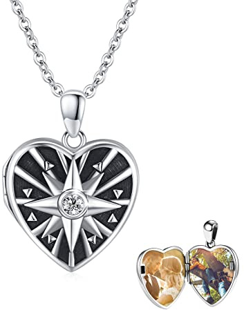 XIXLES Herz Medaillon Halskette für Frauen 925 Sterling Silber Kompass Foto Medaillon Anhänger zum Öffnen Amulett zum Öffnen Schmuck Geschenke für Mutter Frau