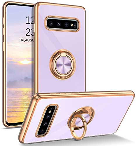DUEDUE for Samsung Galaxy S10 Plus Case with Ring Holder, Slim Fit Silicone TPU Cover Bumper Plating Shockproof Protective Man Anti Slip Luxury Electroplated Case for Samsung S10 Plus 6.4, Purple
