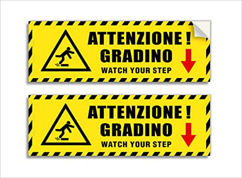 2 Adesivi Attenzione al gradino, mis. 30x10 cm, in italiano e inglese, cartello in vinile, pittogramma sicurezza pericolo caduta, laminato antigraffio e anti UV, impermeabile lavabile.