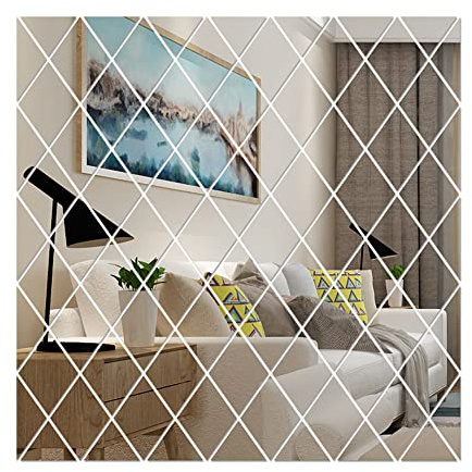 JAWSEU Rhombus Spiegel Acryl Spiegel selbstklebende Wandaufkleber mit Rautenspiegel, 58 Stück, Spiegel Wandaufkleber, DIY, Spiegelaufkleber, Schlafzimmer Dekoration, Wohnzimmer, 58 Stück