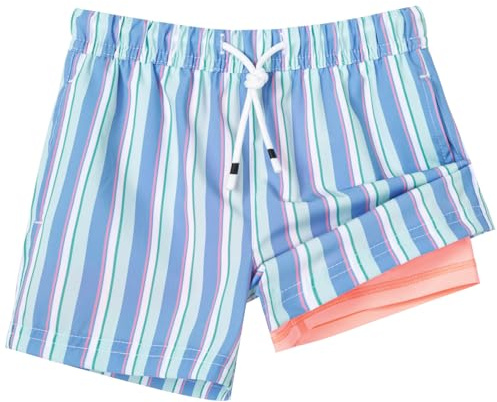 SURFCUZ Boys Swim Trunks with Boxer Brief Liner 2 in 1 Toddler Stretch Swimsuit Shorts Quick Dry Swimming Bathing Suit Blue Orange Stripes 10/12