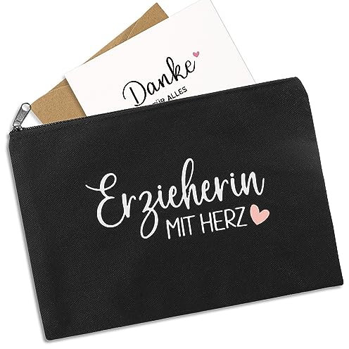 BETESSIN Abschiedsgeschenk Erzieherin - Erzieherin mit Herz - Kosmetiktasche Klein mit Karte & Umschlag - Make up Tasche mit Reißverschluss - Geschenk für Erzieherin zum Kita Abschied & Weihnachten
