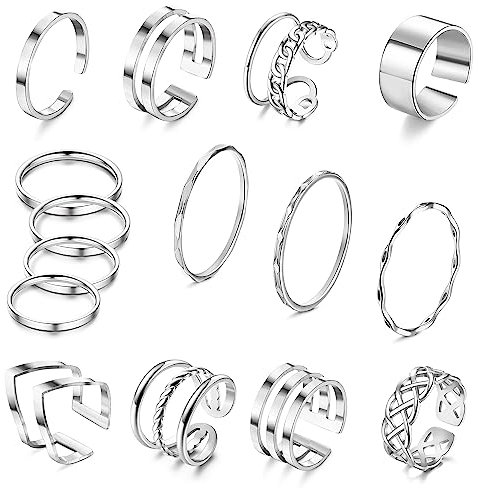 JeweBella 15 Stück Ringe Silber/Gold für Damen Edelstahl Knöchel Ringe Stapelbare Offene Daumen Ringe Set für Frauen Trendy Stapel Ringe Set Minimalistischer Fingerringe Set