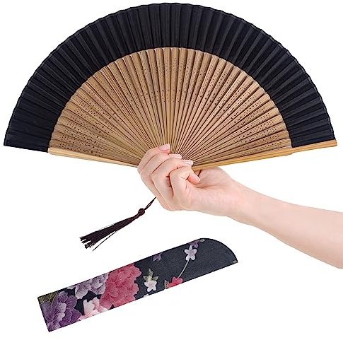 Nogsay Handfächer Bunt,Faltfächer Bambus Oxford Kungfu Rave Fächer,Faltbare Hand Fan Chinesische Japanese Deko Sommer Fecher für Hochzeit,Party,Tanz,Musikfestival,Leistung (Schwarz)