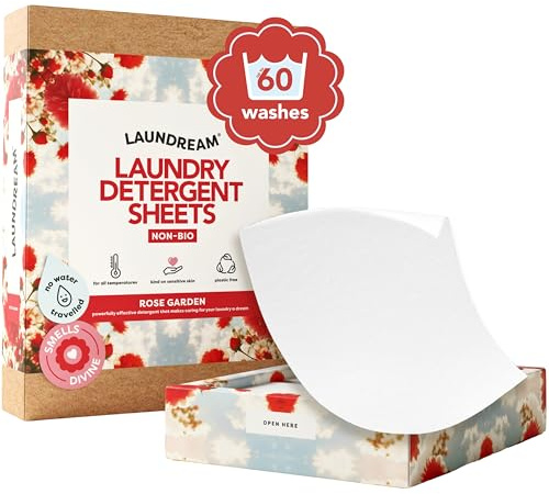 LAUNDREAM by SARROSI Feuilles de détergent à lessive Rose Garden – 60 brassées | Respectueux de l'environnement et non bio | Biodégradables, hypoallergéniques, non toxiques et sans plastique | Formule