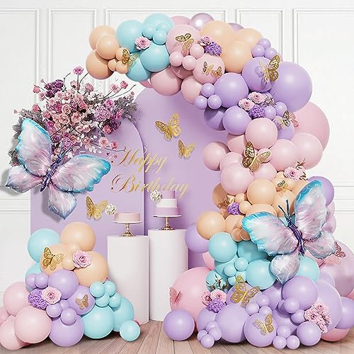 Pink Purple Balloon Arch Kit, 96Pcs Butterfly Balloon Arch Garland Kit With Purple Balloons for Birthday Party, Boho Wedding, Anniversary, Baby Shower Decorations