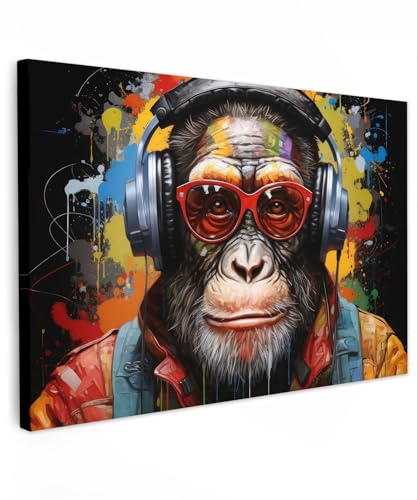 MuchoWow© Bilder Groß XXL Wohnzimmer Deko Modern Wandbild Foto auf Leinwand | 120x80 cm - Bild Schlafzimmer Room Decor Geschenke Banksy - Street Pop Art - Affe - Graffiti - Brille - Kopfhörer - Farben