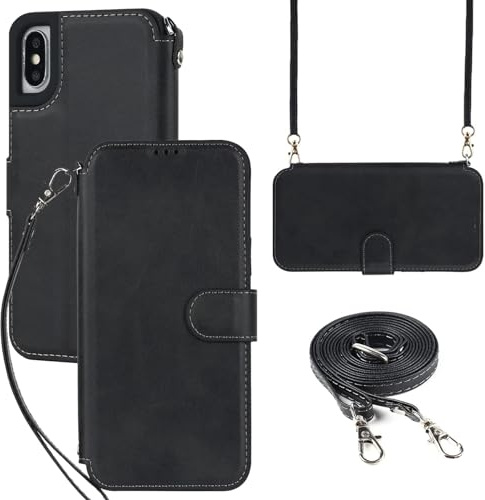 ELTEKER Hülle für iPhone XS Max Handyhülle mit Band Crossbody Strap, Klapphülle mit dem Verstellbaren Umhängeband - Schwarz