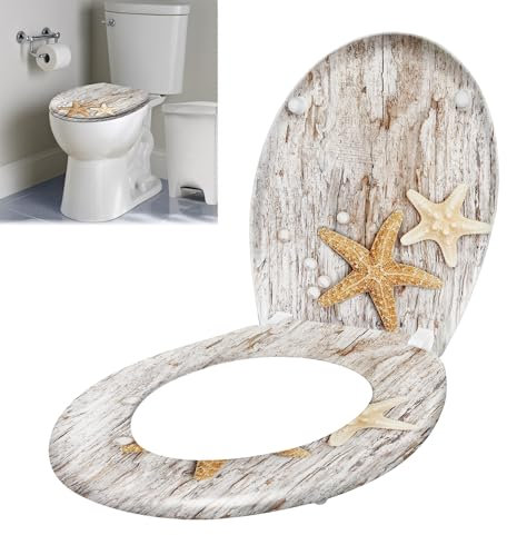 XMTECH WC Sitz Toilettendeckel Absenkautomatik mit Absenkautomatik/Softclose, Universal Größe Toilettensitz aus Hartplastik Klodeckel aus Duroplast - Perlen Seestern