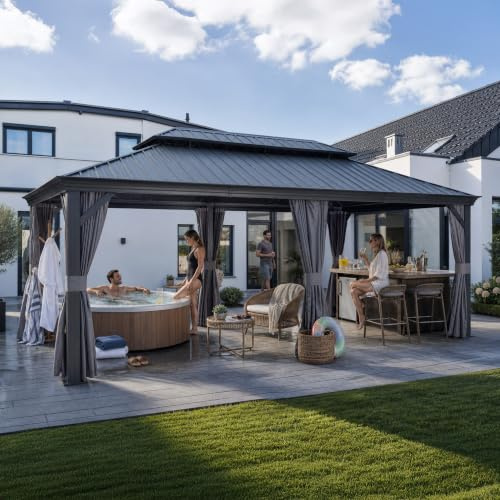 PURPLE LEAF Hardtop Pavillon 3.65 x 7.32 m Entwässerungssystem, Grau | Entwässerungssystem, Verbreiterte Alu-Säule, Rostfreies Stahldach, Abnehmbare Waschbare Seitenwände, für Gastronomiebranche