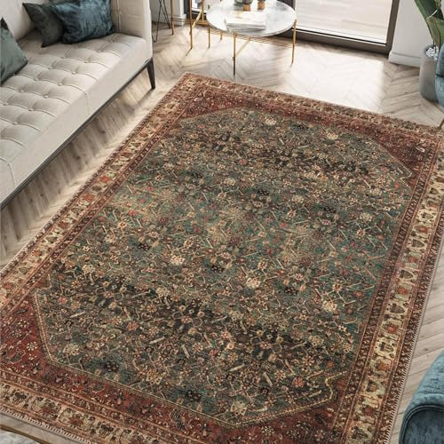 Keen Home Design 5x7 Rug - Machine Washable Area Rug with Non-Slip Backing, Ideal for Living Room, Dining Room, Bedroom - Vintage, Easy Clean, Durable, Low Pile Rug - (5' x 7')