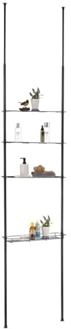 Duschablage DUNJA ohne Bohren, Schwarz, Duschregal, Metallgestell, ausziehbar, 3 Regalböden, 1 Korb. Höhenverstellbar, einfache Installation. Teleskopstange für flexible Anpassung. Ideal für Badezimme