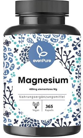 evenPure® Magnesium – 365 Kapseln (Jahresvorrat) – 400mg elementares Magnesium pro Kapsel – hochdosiert, vegan, ohne Zusätze – in Deutschland hergestellt & laborgeprüft.