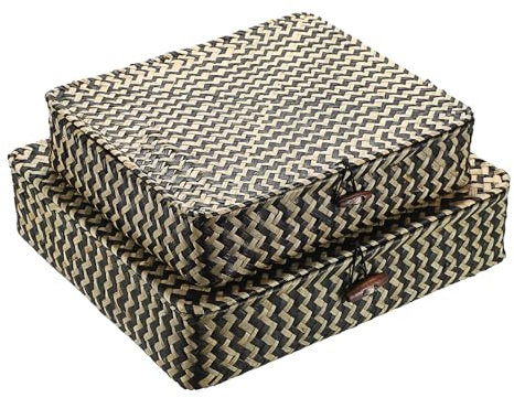 IGNPION Seagrass Storage Baskets with Lid, Set of 2 Flat Wicker Storage Box, Bathroom Shelf Storage Box Tabletop Decorative Organizer Basket Multipurpose Storage Hamper for Living Room, Kitchen