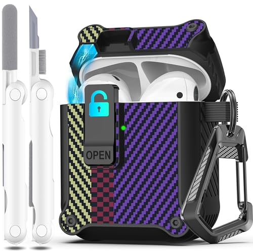 R-fun Compatibile con la custodia Airpods con clip di chiusura automatica e sicura, custodia rigida protettiva e robusta per Apple Airpods 1 e 2 con portachiavi,fibra di carbonio Viola